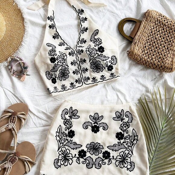 Tops - Multicolor Boho Women's Embroidered Halter Neck Crop Top & A-Line Mini Skirt Set